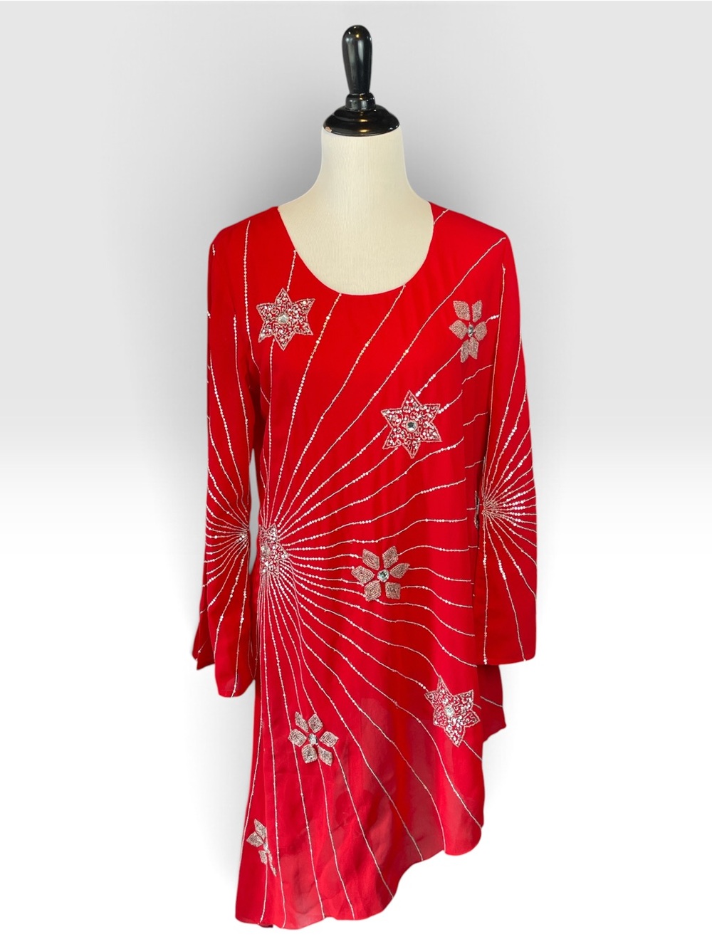 Red Embellished Long Sleeve Tunic Top
